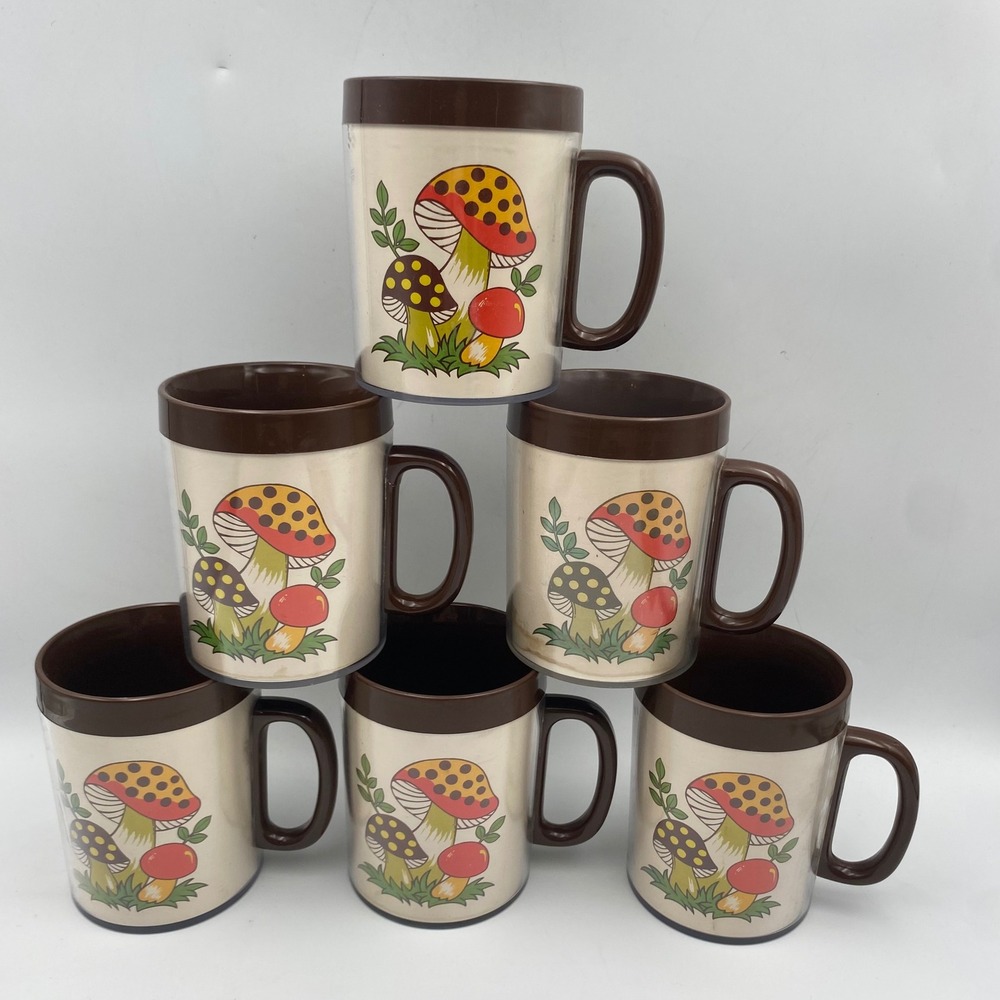Vintage Sears Merry Mushroom Mugs Set of 6 Thermo-Serv 1970s Plastic Insulated